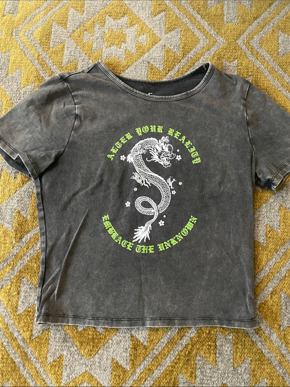 Hollister Black Tee with Neon Green and White Dragon Graphic